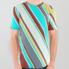 [ Thumbnail: Light Slate Gray, Brown, Tan, Aqua, and Mint Cream Colored Lined Pattern All Over Graphic Tee ]
