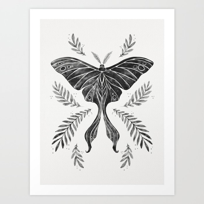 Watercolor Luna Moth in Black and White Art Print