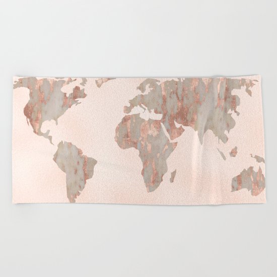 Rosegold Marble Map of the World Beach Towel
