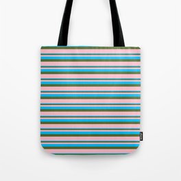 [ Thumbnail: Deep Sky Blue, Dark Olive Green & Pink Colored Lined/Striped Pattern Tote Bag ]