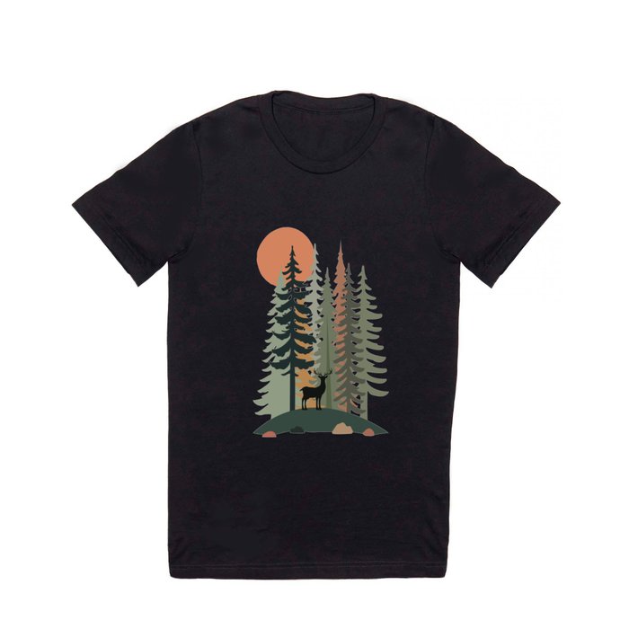 landscape. stones and green Christmas forest trees, deer, and sunrise. T Shirt