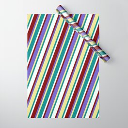 [ Thumbnail: Eye-catching Maroon, Slate Blue, Tan, Dark Cyan & Mint Cream Colored Lined/Striped Pattern Wrapping Paper ]