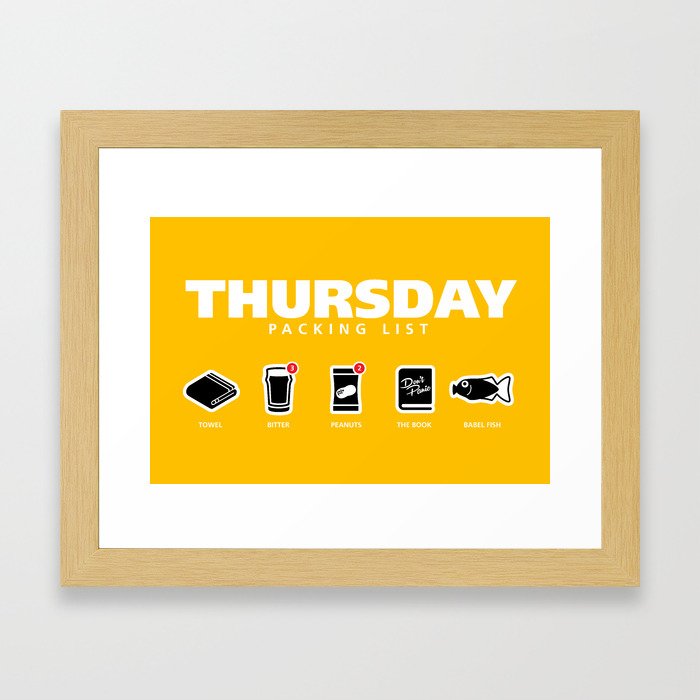 THURSDAY - The Hitchhiker's Guide to the Galaxy Packing List Framed Art Print