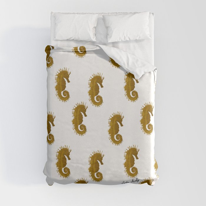 Seahorse yellow/gold- white background Duvet Cover