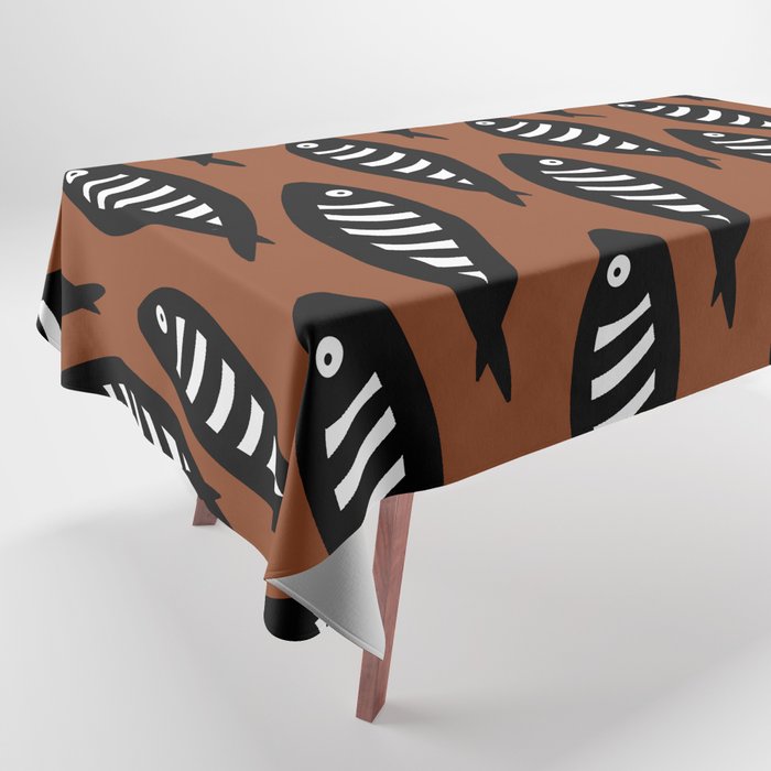 Abstract black and white fish pattern Brown Tablecloth