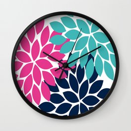 Bold Colorful Hot Pink Turquoise Navy Dahlia Flower Burst Petals Wall Clock