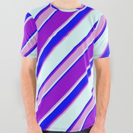 [ Thumbnail: Dark Violet, Plum, Light Cyan & Blue Colored Lined/Striped Pattern All Over Graphic Tee ]