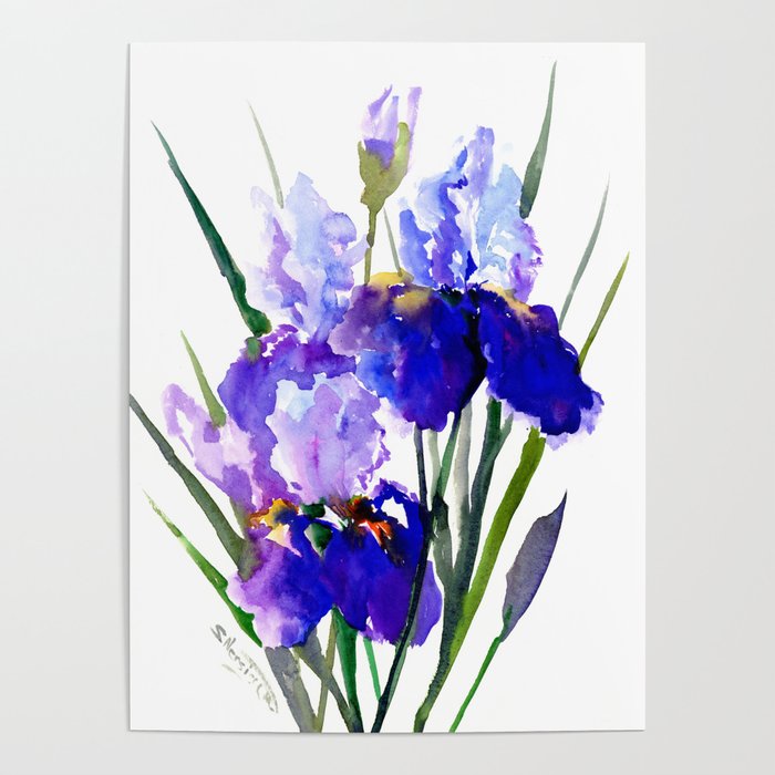 Garden Irises, Blue Purple Floral Design Poster by SurenArt | Society6