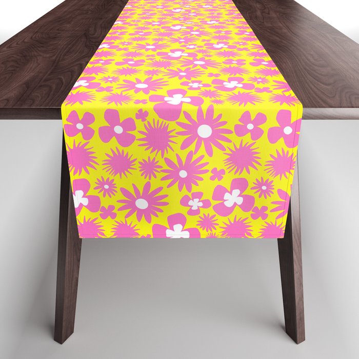 Retro Modern Bright Pink and Yellow Flowers Table Runner
