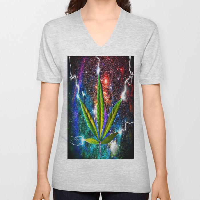 Weed Leaf in Space V Neck T Shirt