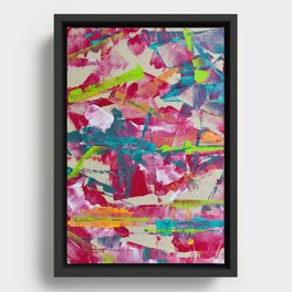 Confetti: A colorful abstract design in neon pink, neon green, and neon blue Framed Canvas