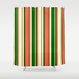 [ Thumbnail: Red, Light Yellow & Dark Green Colored Stripes Pattern Shower Curtain ]