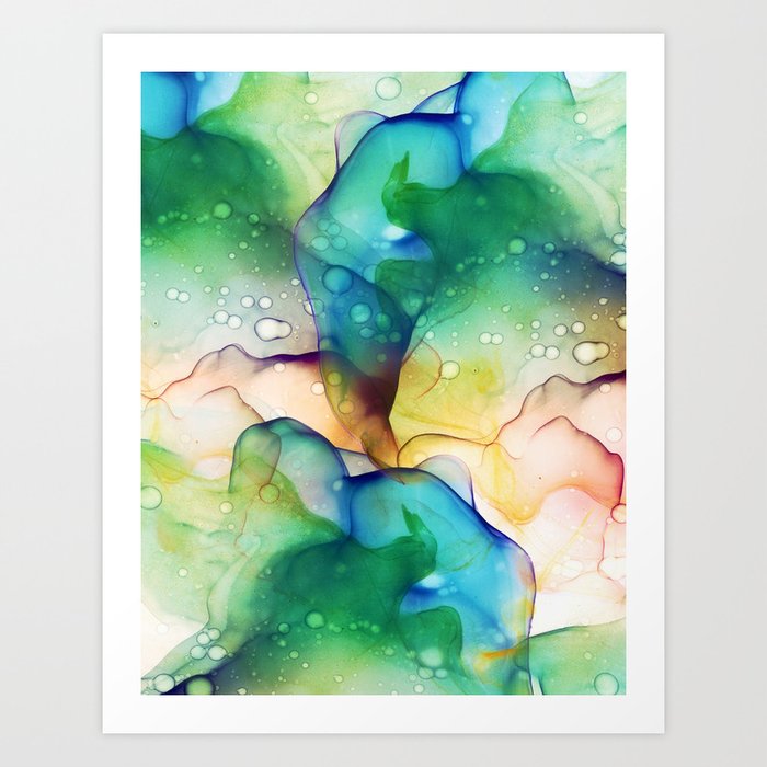 Mermaid Ocean Green Flowing Abstract Painting Art Print