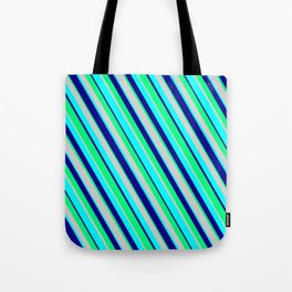 [ Thumbnail: Light Gray, Cyan, Dark Blue & Green Colored Lines Pattern Tote Bag ]