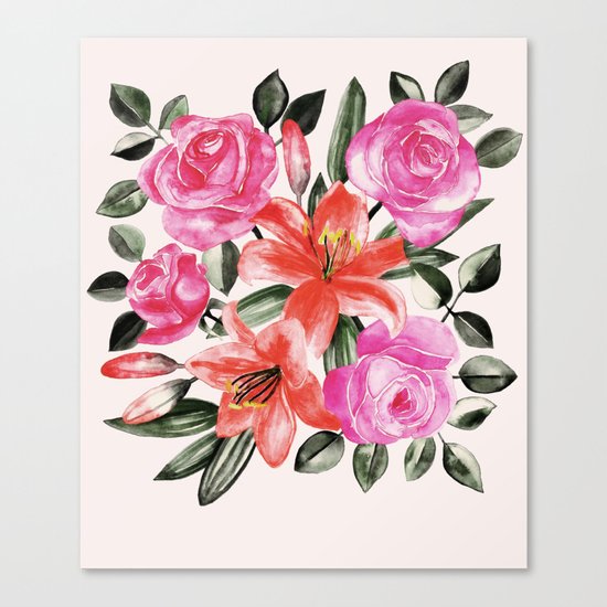 Roses and Lilies in watercolor Canvas Print