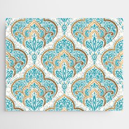 Turquoise Golden Moroccan Baroque Pattern II Jigsaw Puzzle