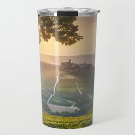 Langhe vineyards, Castiglione Falletto village and a tree. Italy Travel Mug