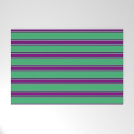[ Thumbnail: Sea Green and Purple Colored Stripes Pattern Welcome Mat ]