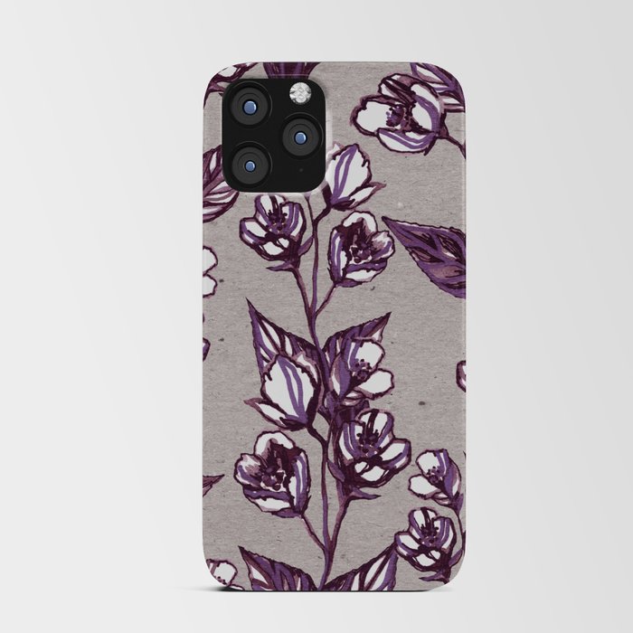 Botanical pattern of jasmine sprigs and flowers Burgundy and purple hand-drawn illustrations of ink on textured paper iPhone Card Case