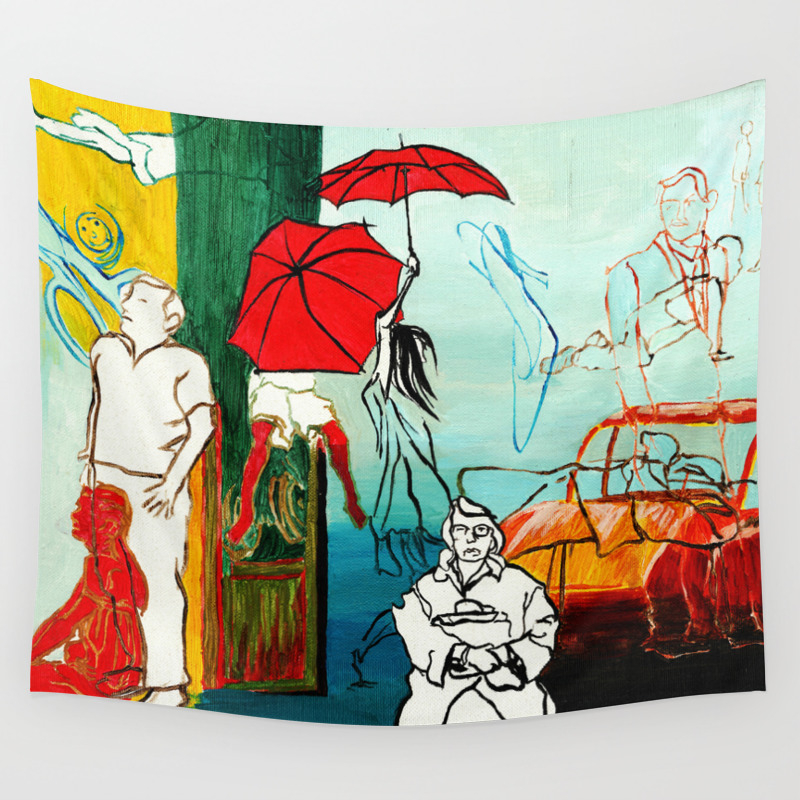 Composition Painting Umbrella Girl With Woman Wall Tapestry By