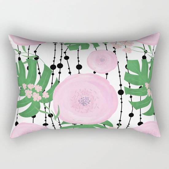 Pink flowers on a white background with black beads. Rectangular Pillow