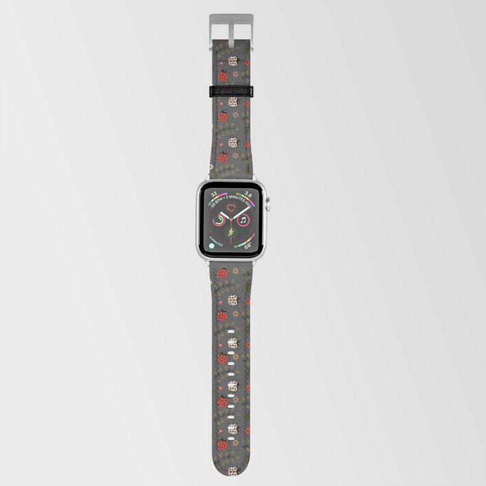 Ladybug and Floral Seamless Pattern on Dark Grey Background Apple Watch Band