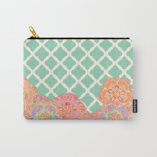 Floral Doodle on Mint Moroccan Lattice Carry-All Pouch