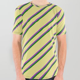 [ Thumbnail: Tan, Dark Orchid & Green Colored Lined/Striped Pattern All Over Graphic Tee ]