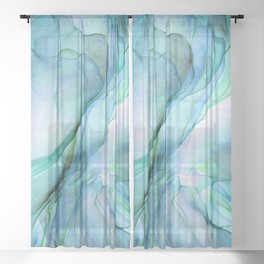 Aqua Turquoise Teal Abstract Ink Painting Sheer Curtain
