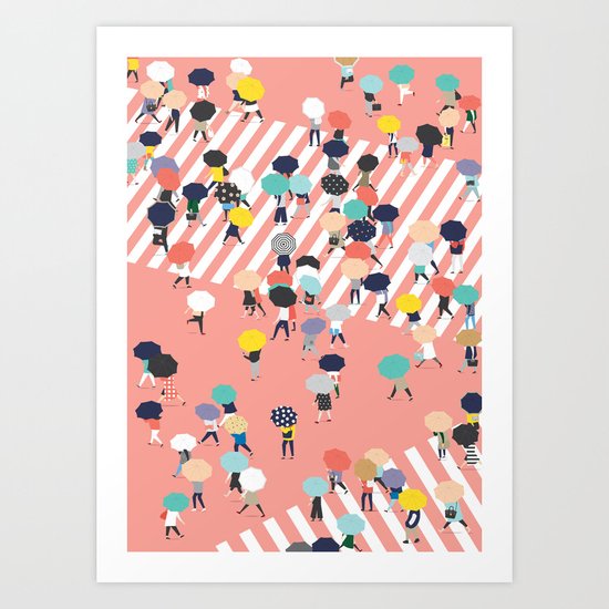 Crossing The Street On a Rainy Day Art Print