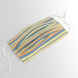 [ Thumbnail: Brown, Blue, and Tan Colored Striped/Lined Pattern Face Mask ]