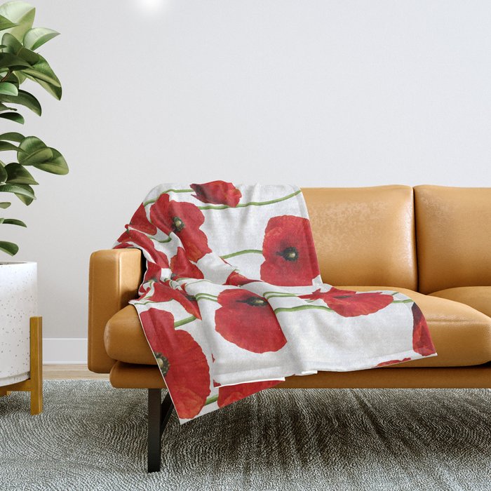 Poppies Flowers red field white background pattern Throw Blanket