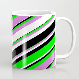 [ Thumbnail: Lime, Orchid, White & Black Colored Lined/Striped Pattern Coffee Mug ]