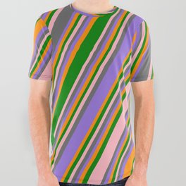 [ Thumbnail: Colorful Light Pink, Dim Grey, Purple, Dark Orange & Green Colored Stripes Pattern All Over Graphic Tee ]