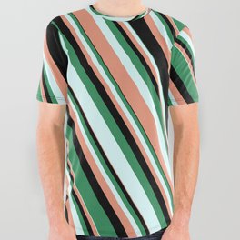 [ Thumbnail: Sea Green, Light Cyan, Dark Salmon, and Black Colored Striped/Lined Pattern All Over Graphic Tee ]