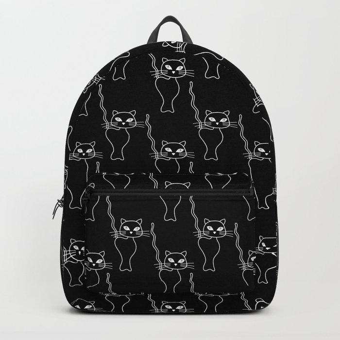 White line art cat pattern on black  Backpack