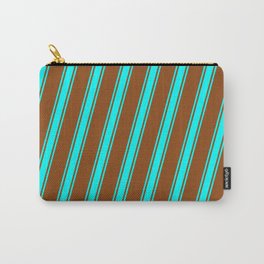 [ Thumbnail: Brown and Cyan Colored Stripes Pattern Carry-All Pouch ]