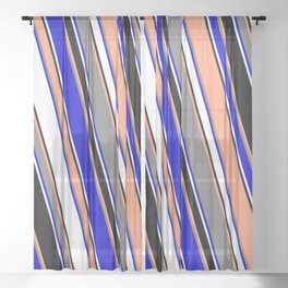 [ Thumbnail: Vibrant Light Salmon, Gray, Blue, White & Black Colored Lined/Striped Pattern Sheer Curtain ]