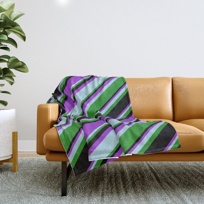 Dark Orchid, Light Blue, Forest Green, and Black Colored Stripes/Lines Pattern Throw Blanket