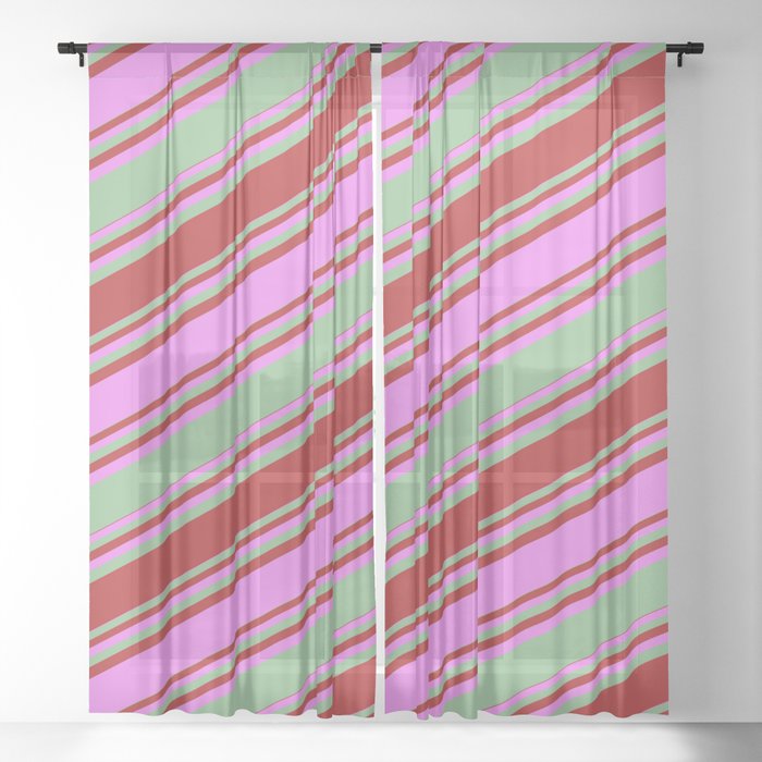 Dark Sea Green, Red, and Violet Colored Stripes Pattern Sheer Curtain