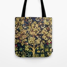 William Morris original Tree of Life reflecting water of garden lily pond twilight black nature landscape painting for drapes, curtains, pillows, duvets, prints, and wall and home decor Tote Bag