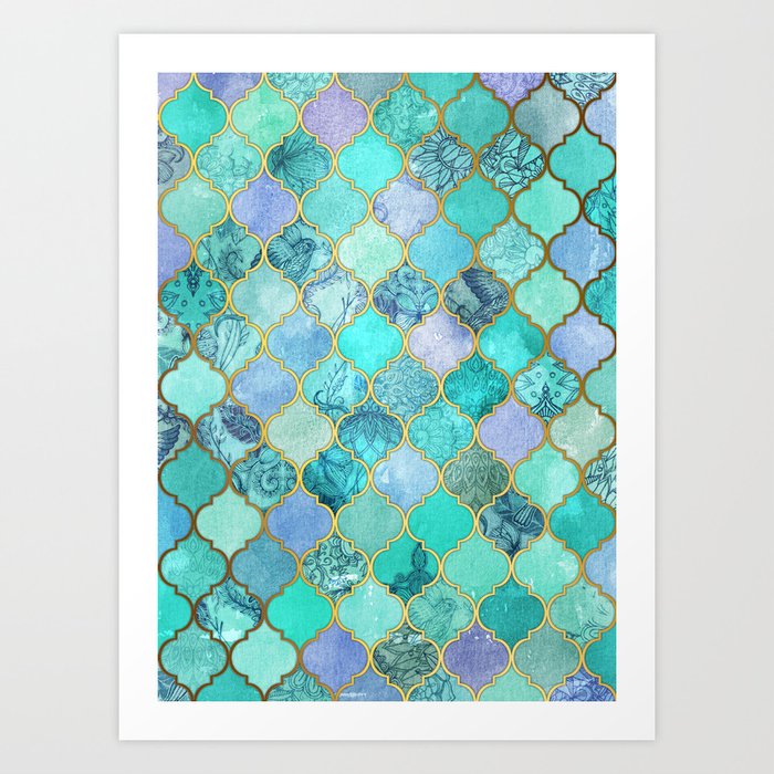 Cool Jade & Icy Mint Decorative Moroccan Tile Pattern Art Print
