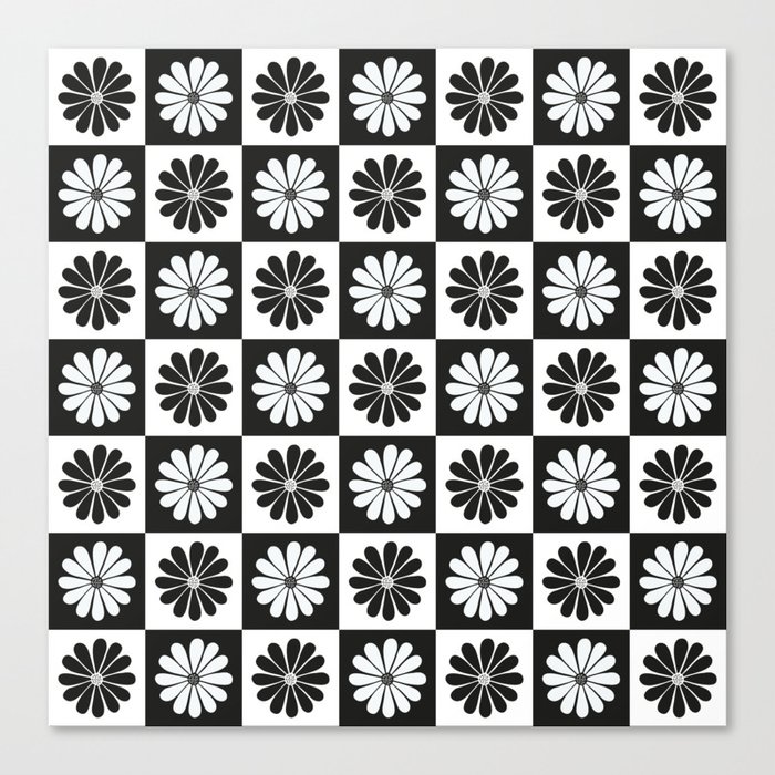 Checkered Black and White Daisy Pattern Canvas Print