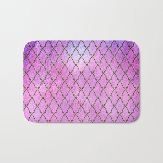 Purple and blue Quatrefoil with Gold Frame- Elegant Morrocan Watercolor Pattern Bath Mat