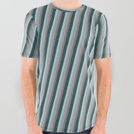 [ Thumbnail: Grey, Dark Slate Gray, Light Blue & Dark Grey Colored Striped/Lined Pattern All Over Graphic Tee ]