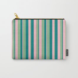 [ Thumbnail: Dark Sea Green, Pink & Teal Colored Lined/Striped Pattern Carry-All Pouch ]