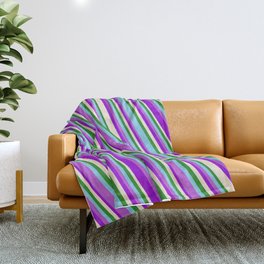 [ Thumbnail: Eye-catching Forest Green, Sky Blue, Orchid, Dark Violet, and Beige Colored Striped/Lined Pattern Throw Blanket ]