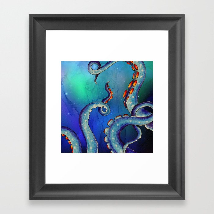 Octopus Tentacles Kraken Galaxy Teal Blue Stars Ink Art Framed Art Print