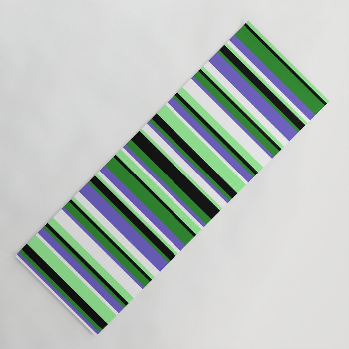 Colorful Forest Green, Slate Blue, White, Green, and Black Colored Stripes Pattern Yoga Mat