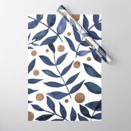 Watercolor berries and branches - indigo and beige Wrapping Paper